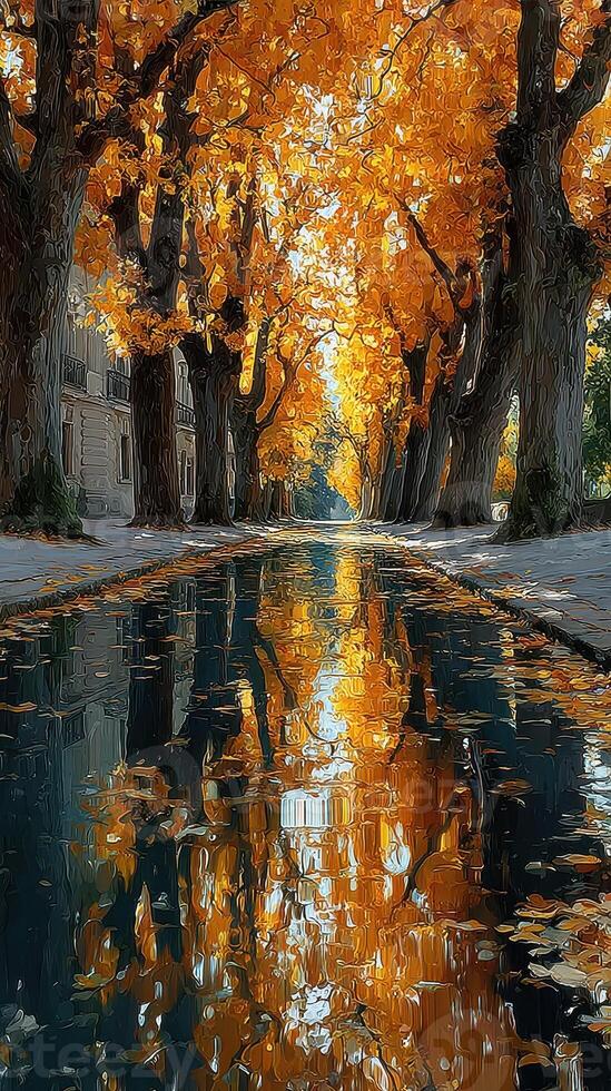 Beautiful autumn landscape with golden trees reflecting in tranquil waterway in a quiet park setting photo