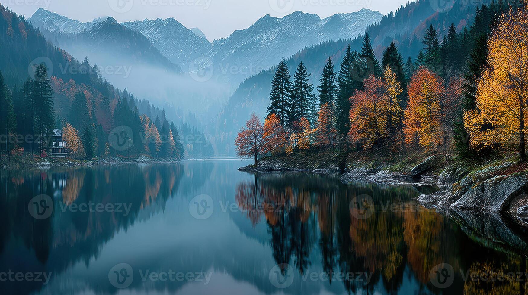 Majestic autumn landscape with serene lake and towering mountains at dawn photo