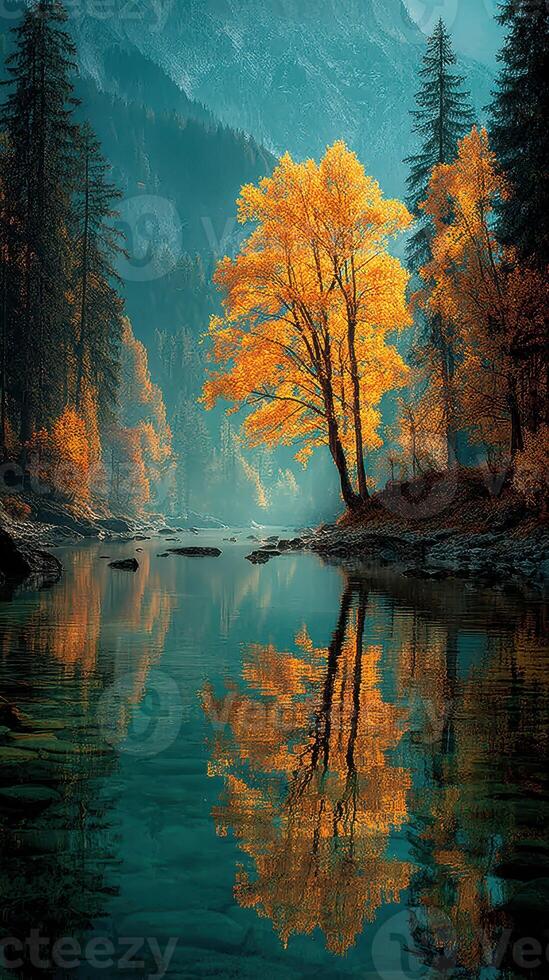 Stunning autumn reflection of a golden tree by a tranquil river in the mountains during a peaceful morning photo