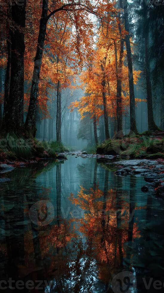 Autumn colors reflect in a tranquil forest stream during a misty morning in the woodland photo