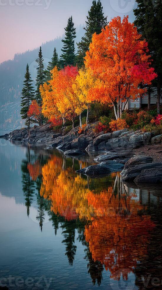 Vibrant autumn trees reflect in calm lake waters surrounded by mountains at sunset photo
