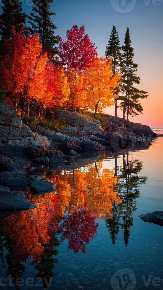 Beautiful autumn landscape at sunset with colorful trees reflecting on calm water photo