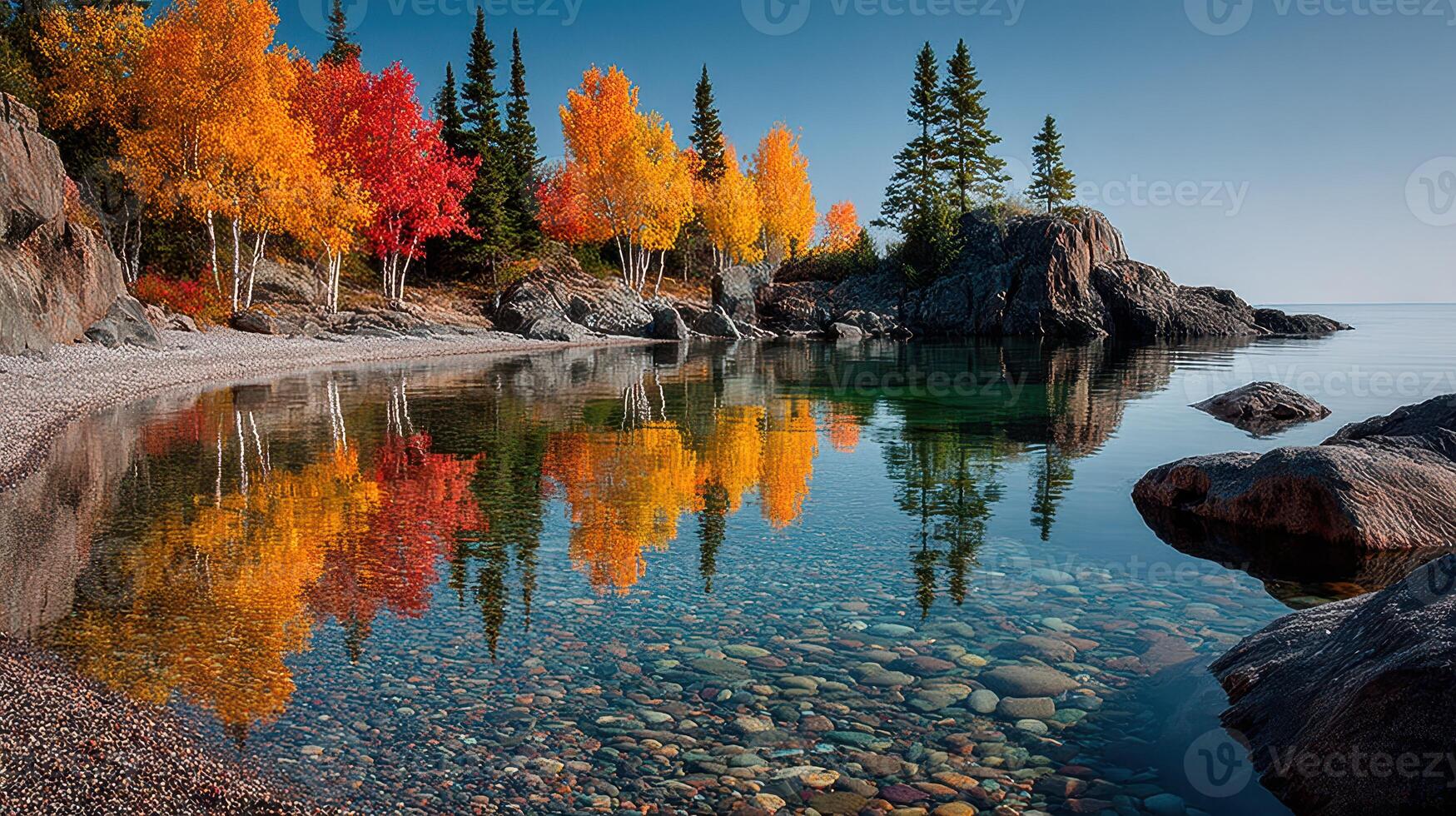 Vibrant autumn colors reflected in a tranquil lake surrounded by rocky shoreline and tall trees in the morning light photo
