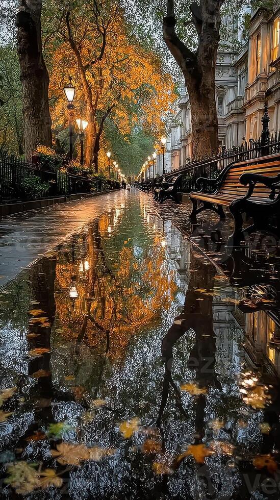 Rain-soaked park path with reflections of autumn trees and lamps in evening light photo