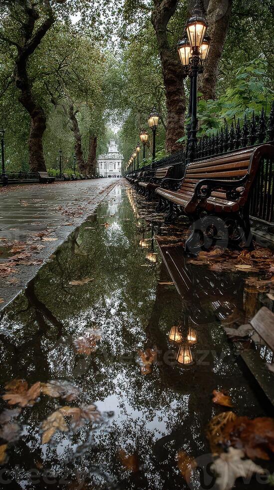 Serene park pathway after rain with reflections of trees and lamps on puddles photo