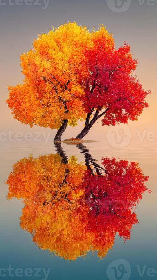 Vibrant autumn trees reflect in tranquil waters at sunrise in a serene landscape photo