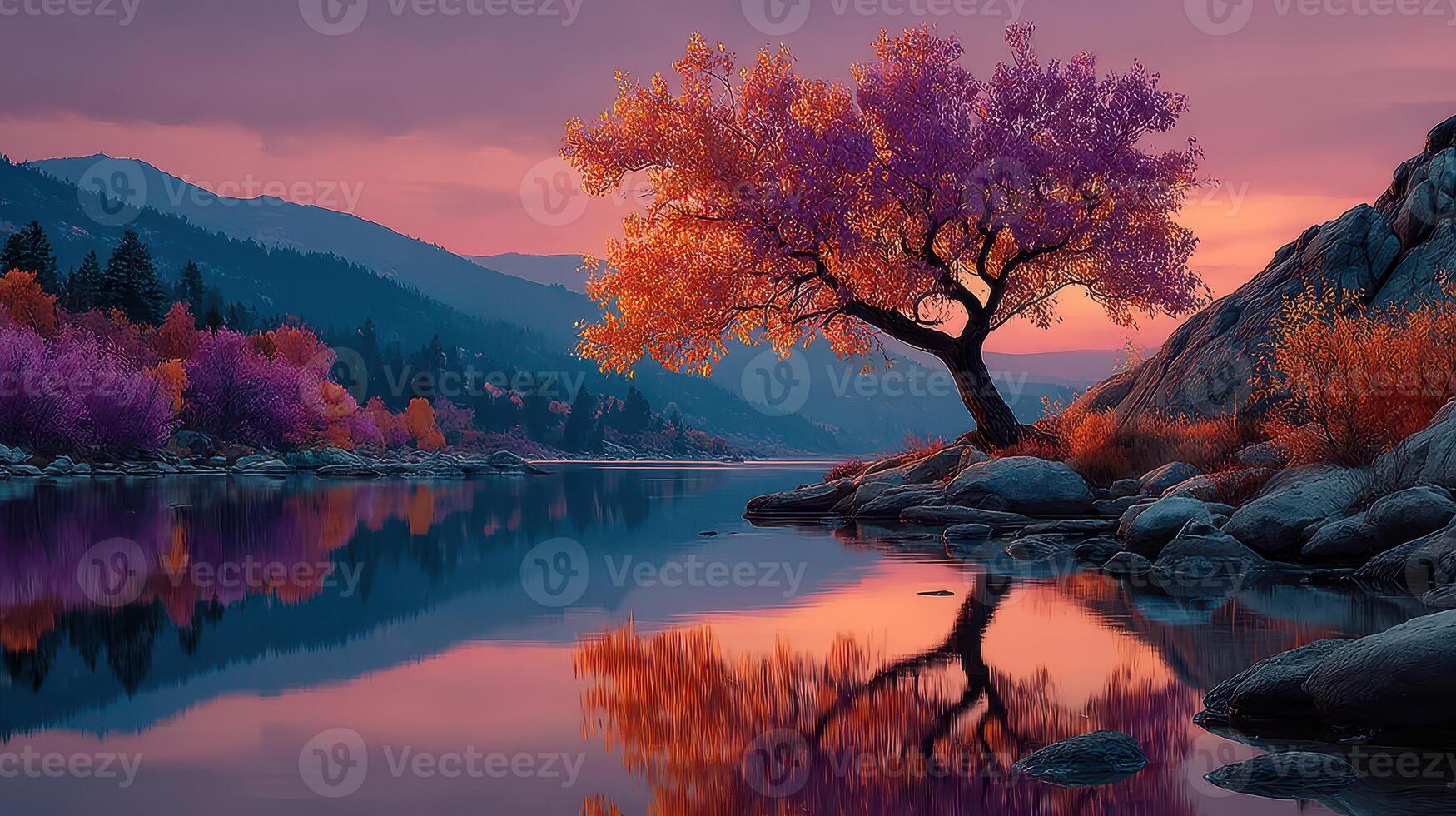 Colorful autumn landscape featuring a solitary tree by the river during sunset in a mountainous area photo