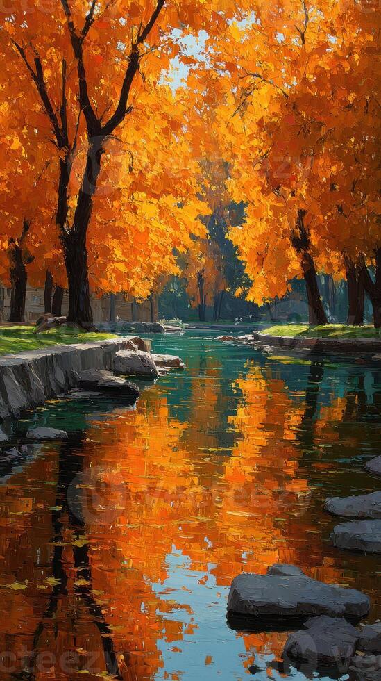 Vibrant autumn landscape with orange trees reflecting in a serene river during midday in a tranquil park setting photo