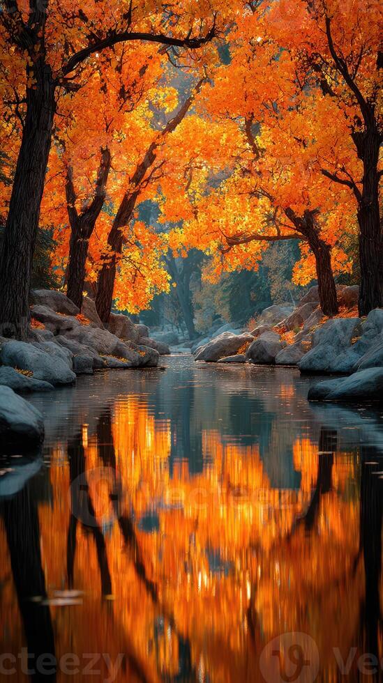 Autumn colors reflect in a serene river surrounded by vibrant orange trees during a peaceful morning photo