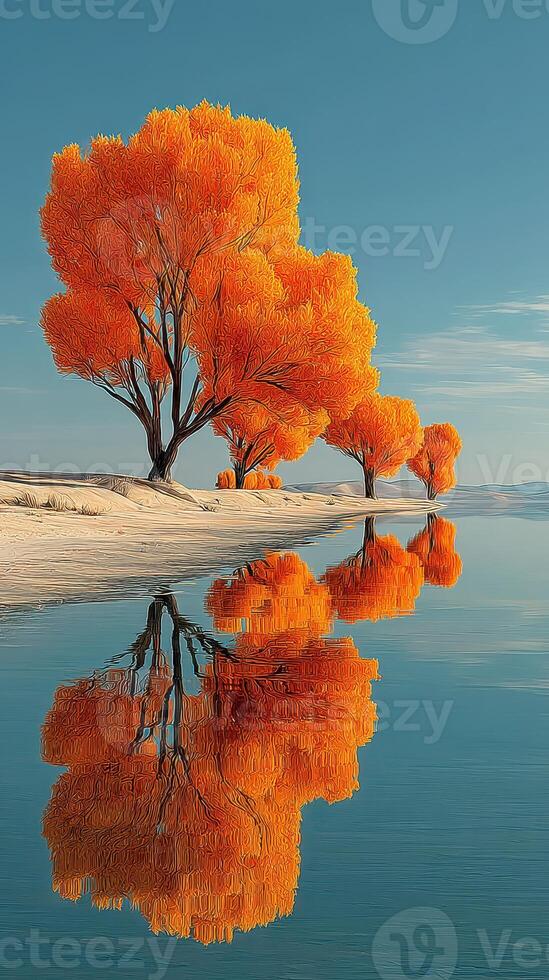 Autumn trees reflect in calm river water under a clear blue sky near a sandy shore in a picturesque landscape photo