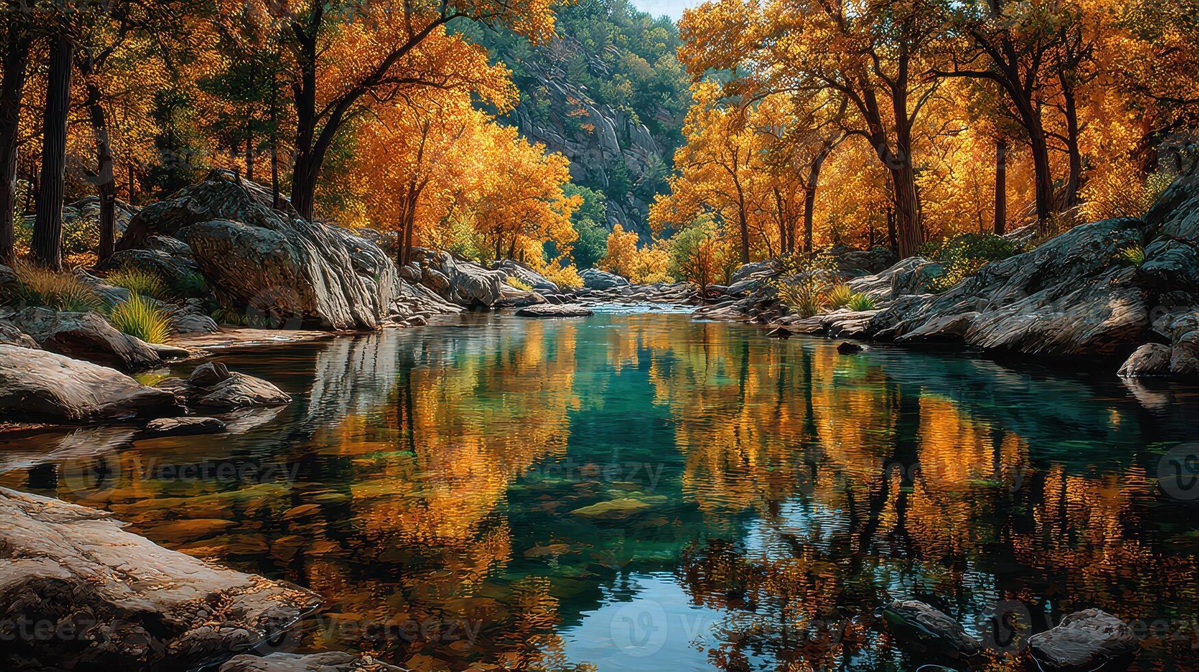 Autumn colors reflect in calm river surrounded by golden foliage in early morning light photo