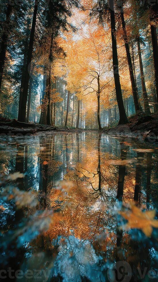 Autumn foliage reflects in calm forest pond during early morning light in serene woodland area photo