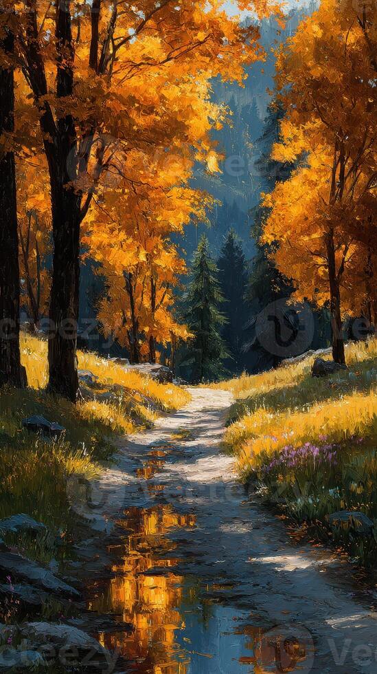 Vibrant autumn landscape with golden trees lining a serene path reflecting sunlight in the forest photo