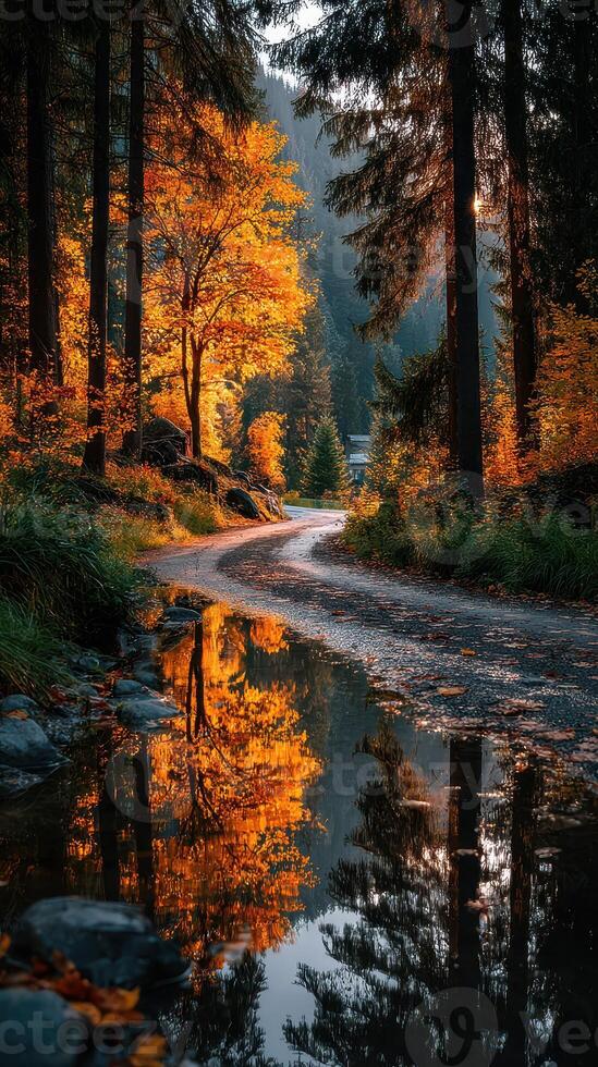 Colorful autumn landscape shows winding road with reflections in water near forested area during golden hour photo