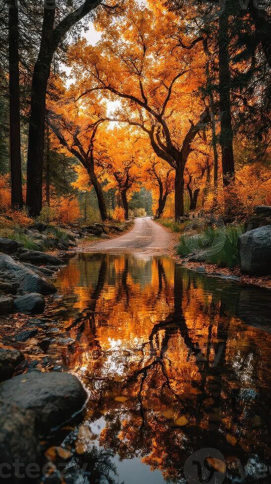 Beautiful autumn landscape reflecting orange trees along a winding path by a serene stream photo