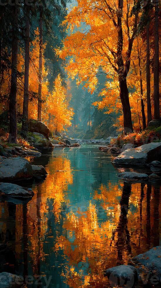 Autumn reflections in a tranquil forest stream with vibrant orange leaves under a clear sky at sunrise photo