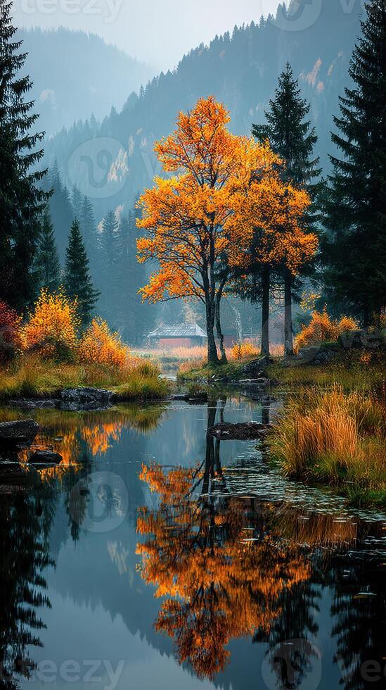 Autumn landscape with colorful trees reflecting on calm water in a serene mountain setting photo