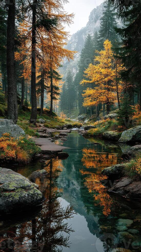 Autumn trees reflect in serene mountain stream surrounded by vibrant foliage in a tranquil natural setting photo