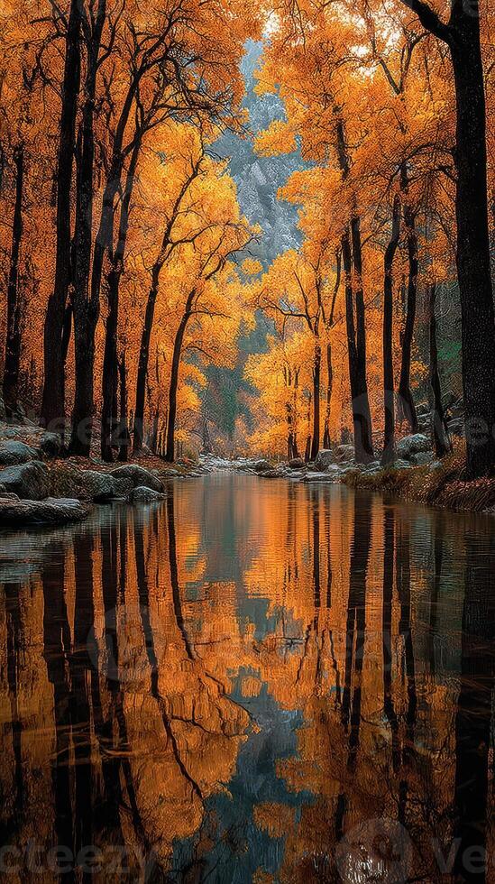 Colorful autumn reflections in a serene forest stream during late afternoon light photo