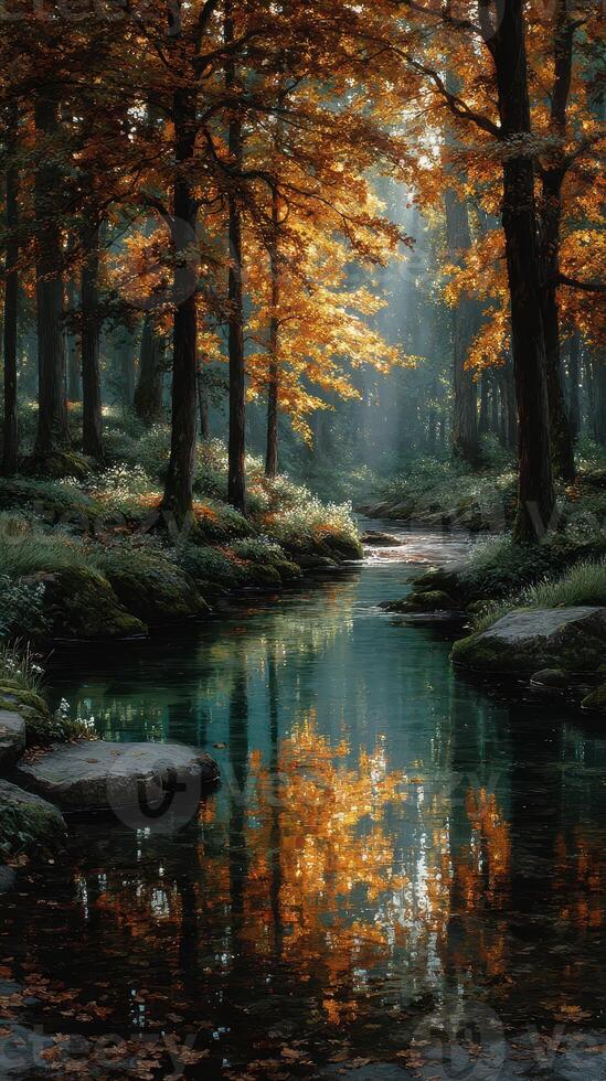 Tranquil autumn forest with golden leaves reflecting in a serene stream photo