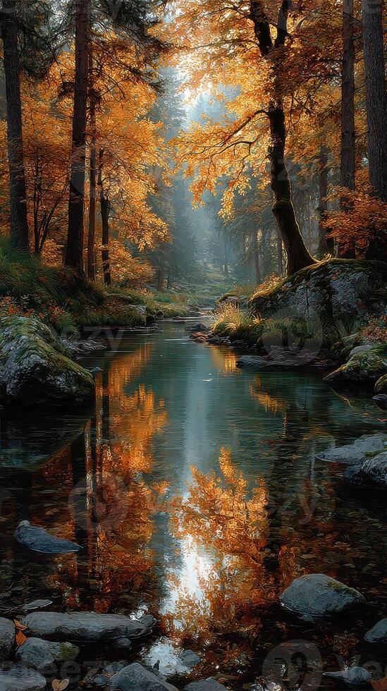 Autumn forest landscape with a reflective river during golden hour in a serene nature setting photo
