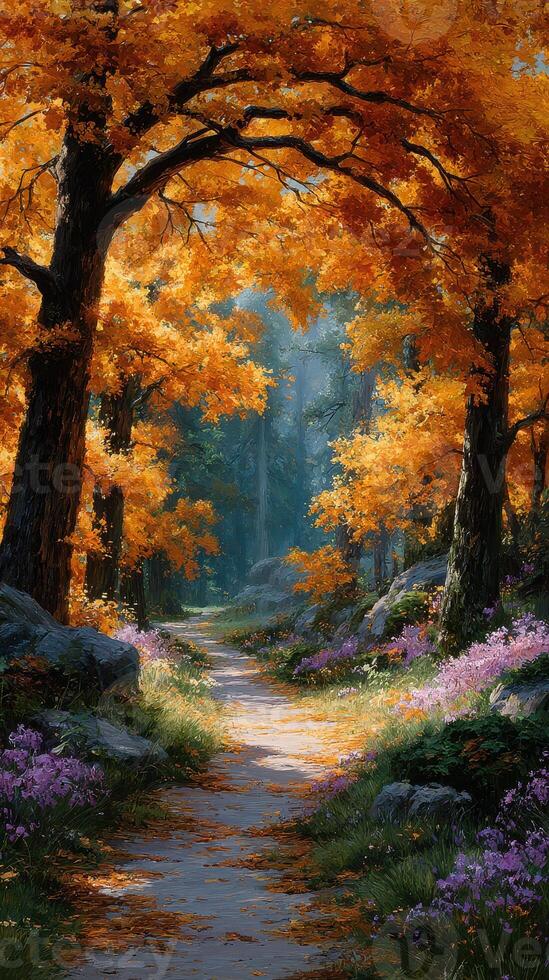 Vibrant autumn pathway lined with orange trees and wildflowers in a tranquil forest setting photo