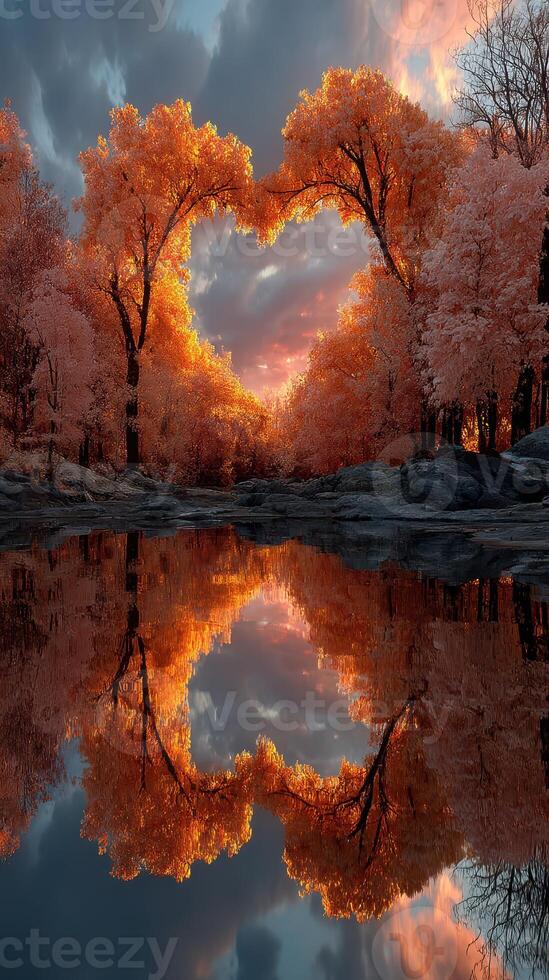 Colorful autumn trees create heart shape reflected in calm water at sunset photo