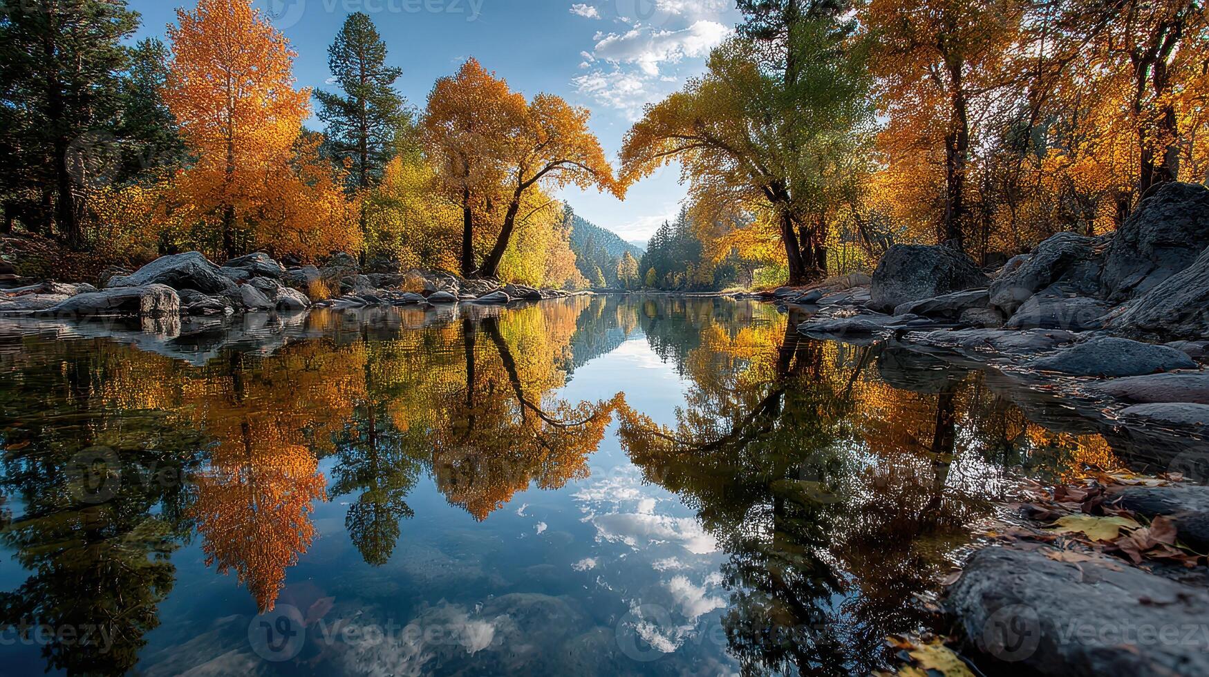 Stunning autumn landscape reflects vibrant colors of trees in a calm river under a bright blue sky photo