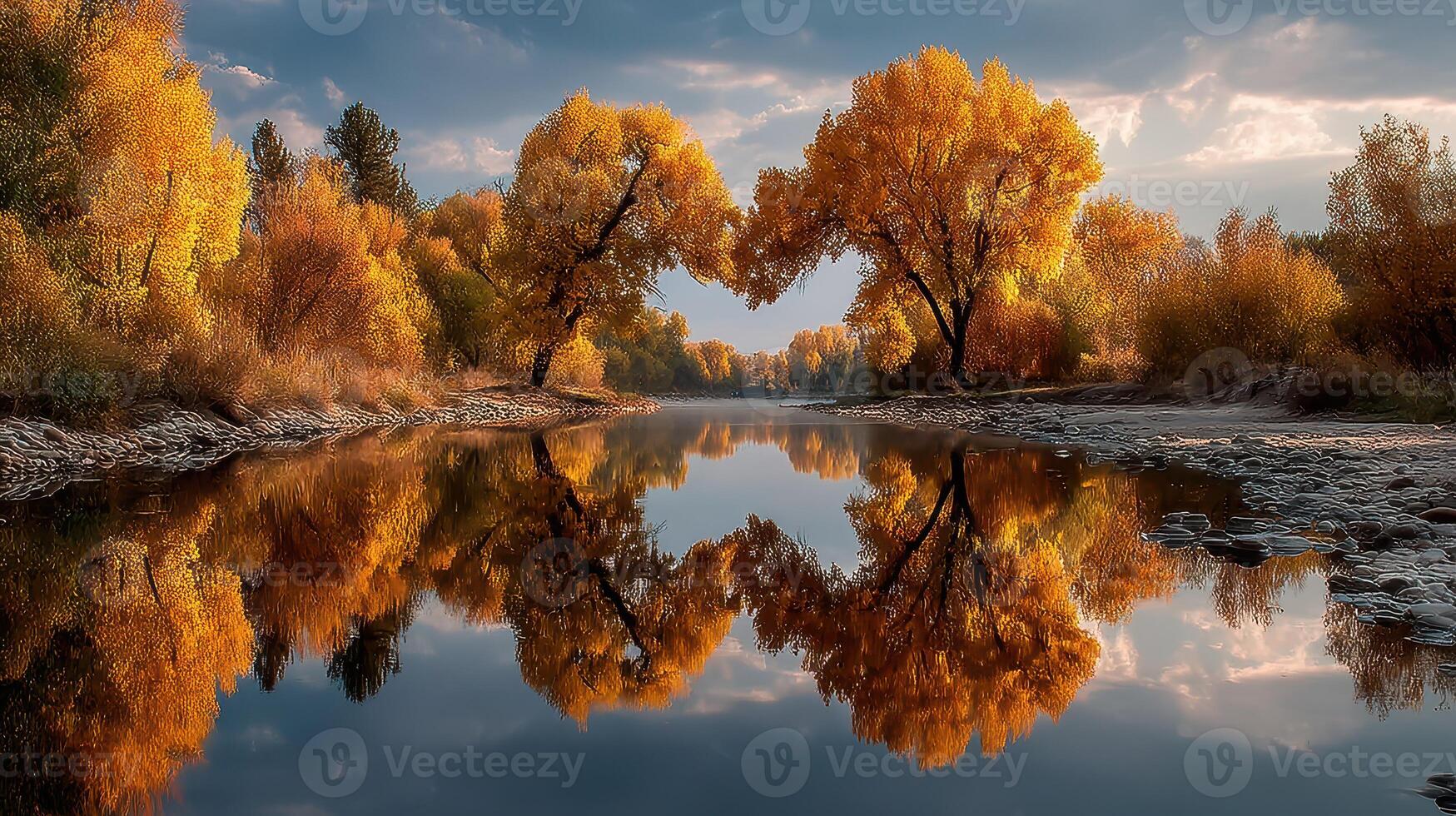Autumn trees reflect in calm river under cloudy sky during sunset photo