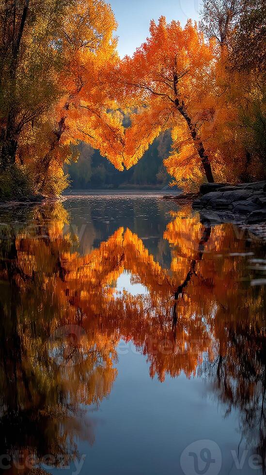 Vibrant autumn trees reflect on tranquil river in serene landscape during golden hour photo
