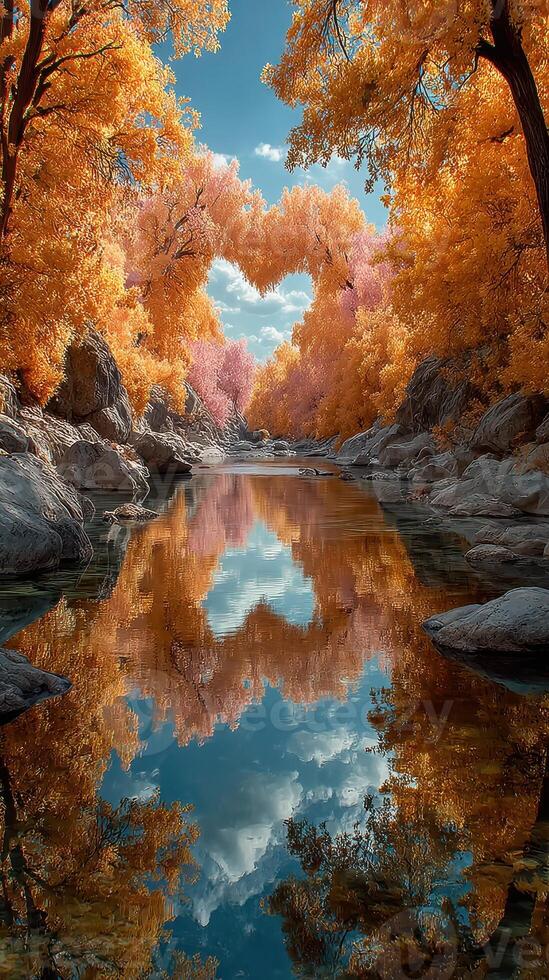 Captivating autumn landscape featuring vibrant orange trees beside a serene river under a clear blue sky photo