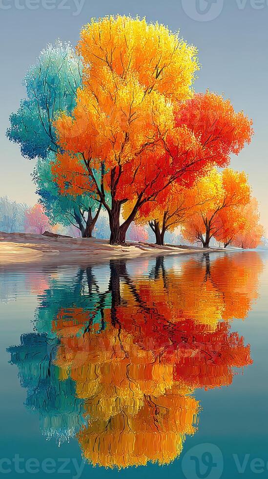 Colorful autumn trees reflect in still water at lakeside on a calm day photo