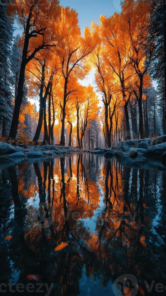 Autumn foliage reflected in still water amidst golden trees in a serene forest setting photo