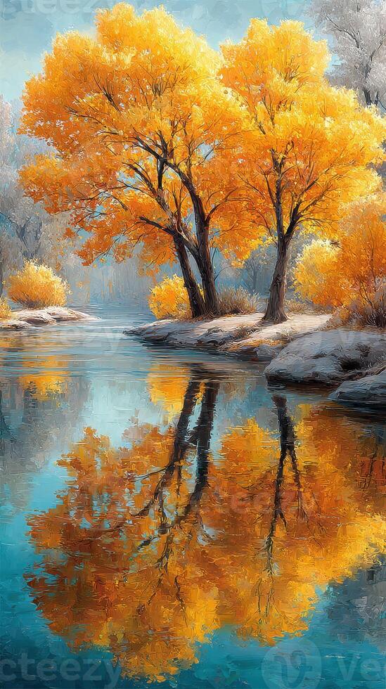 Vibrant autumn trees reflecting in calm waters under a clear blue sky in a serene landscape setting photo