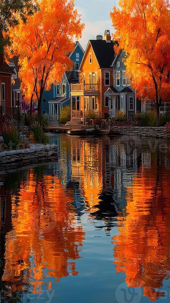 Vibrant autumn reflections in a picturesque neighborhood by the water during sunset photo