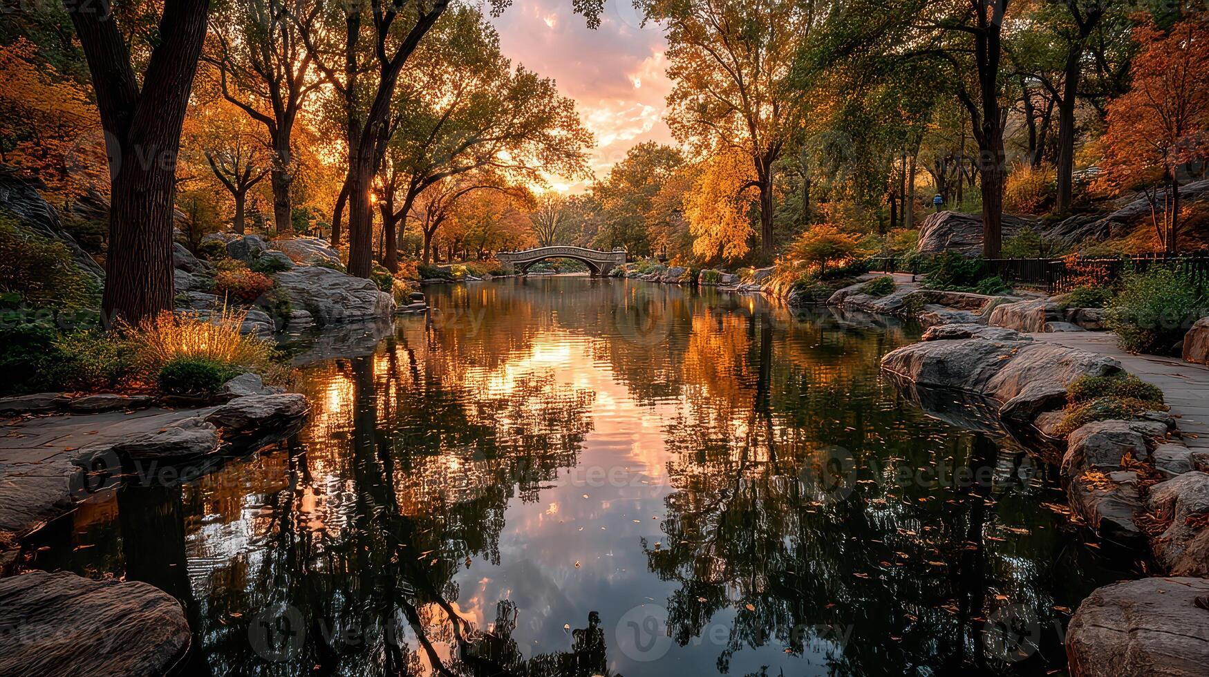 Autumn sunset casting golden reflections over the tranquil pond in Central Park photo