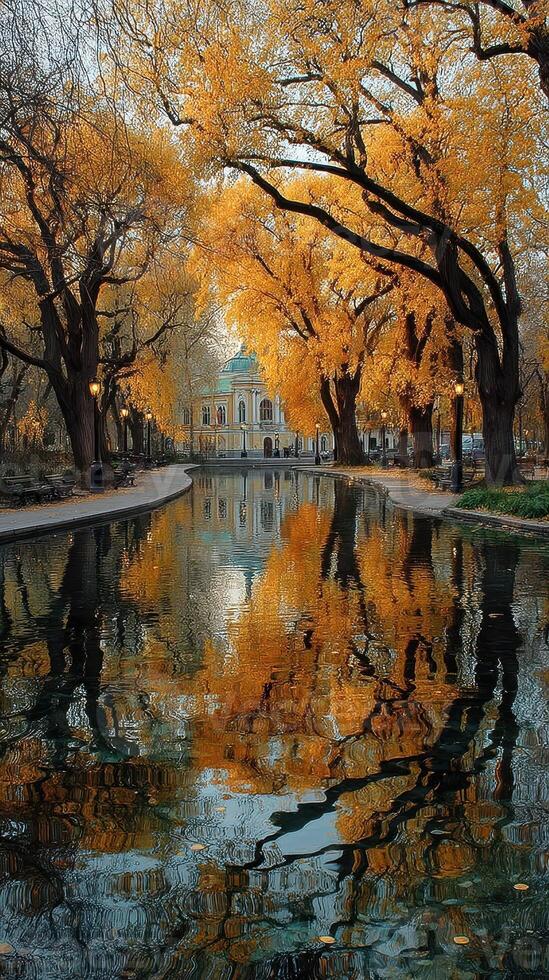 Golden autumn leaves reflecting in tranquil water amid a park setting with historic architecture during late afternoon photo