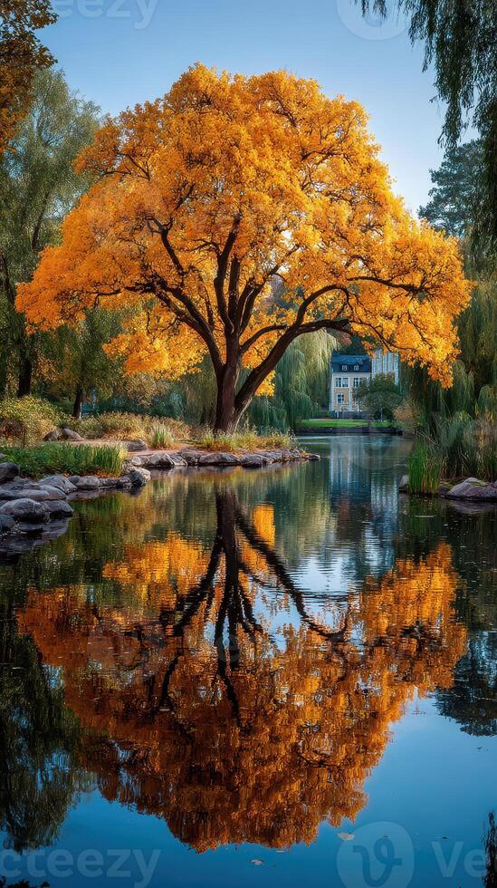 Vibrant autumn colors reflect in serene lake surrounded by lush greenery in a peaceful park setting photo