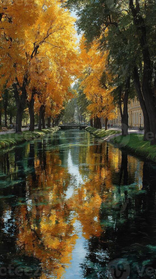 Autumn leaves reflect in calm waters of a scenic canal surrounded by trees in a peaceful park setting photo