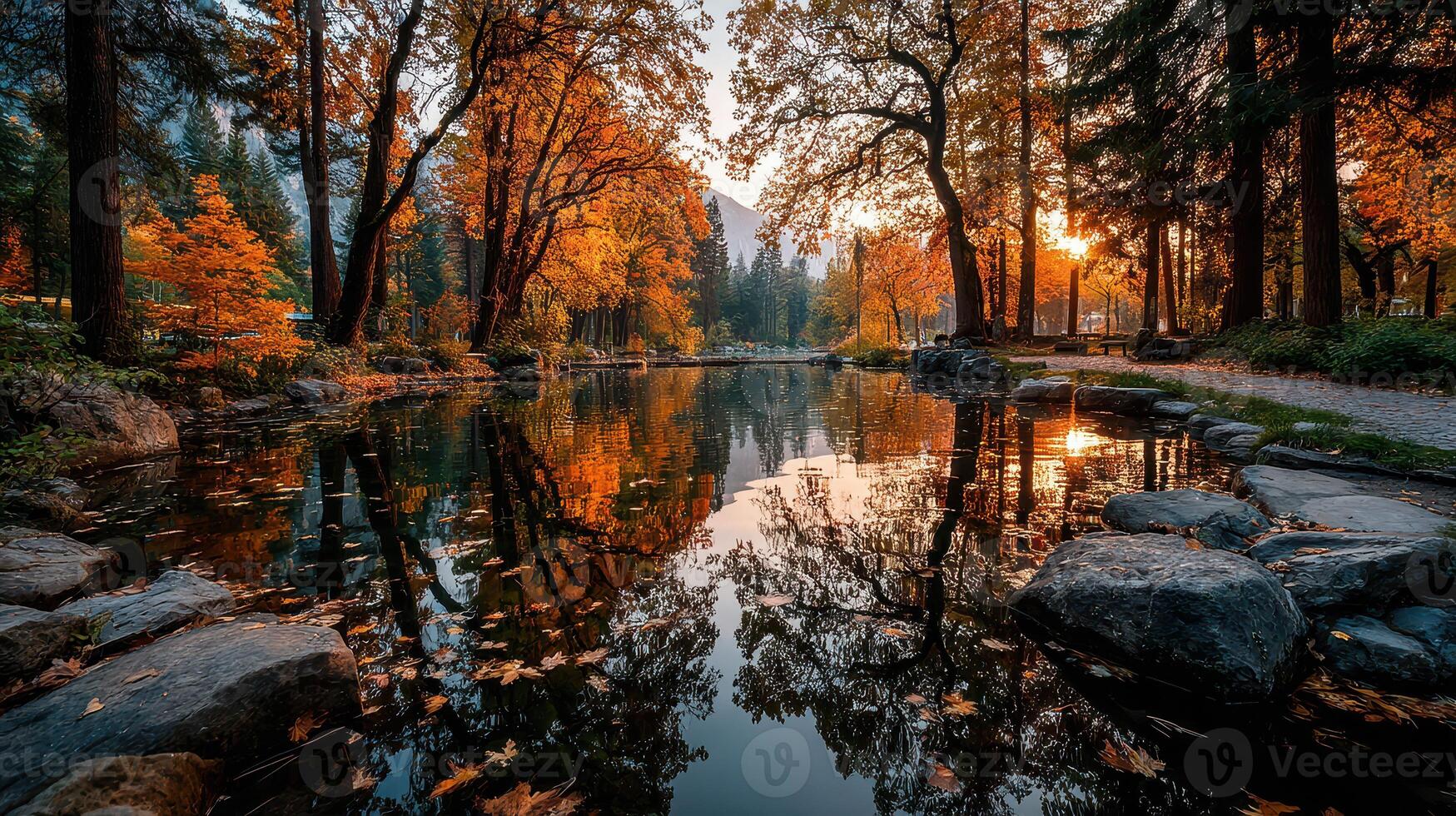 Beautiful autumn sunset reflecting on serene pond surrounded by trees in a peaceful forest photo