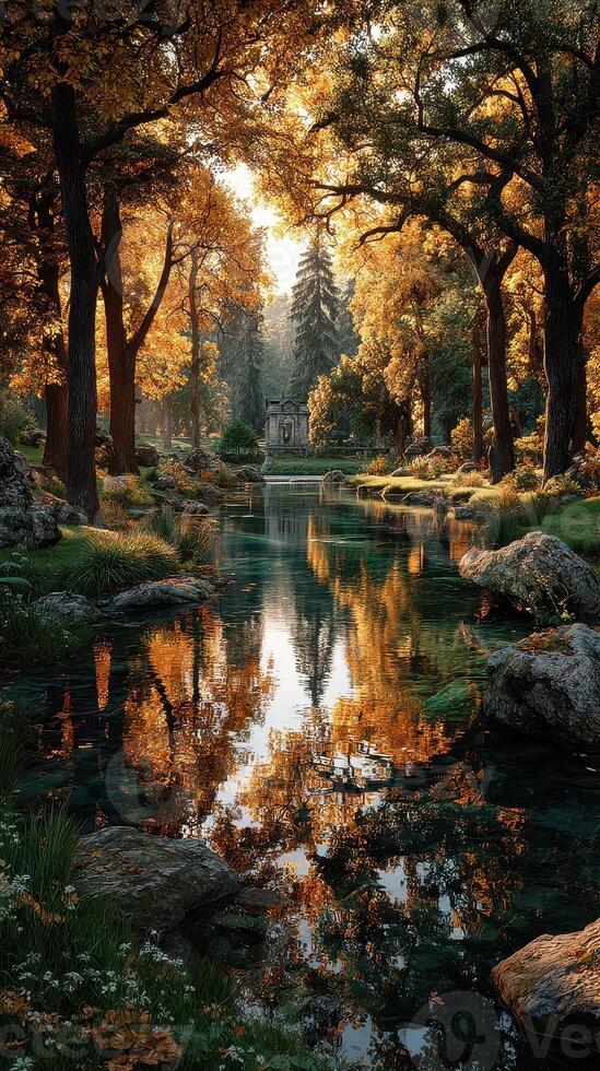 Autumn reflections in a serene forest stream surrounded by vibrant foliage and tranquil scenery photo