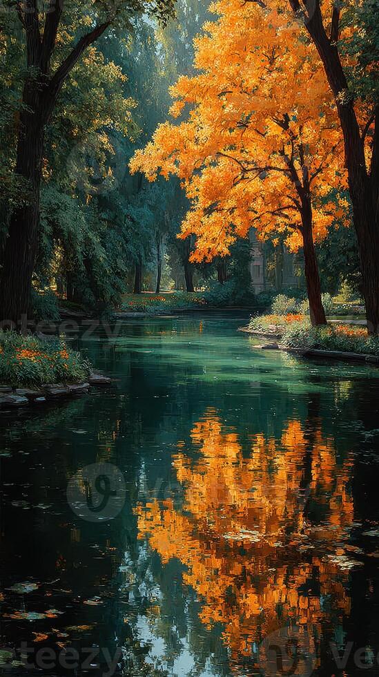 Autumn trees with vibrant orange leaves reflecting on a tranquil pond in a serene park setting photo