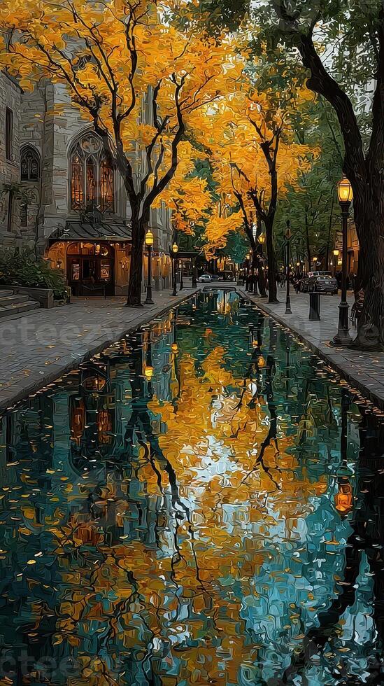 Autumn reflections in a peaceful canal lined with golden trees in an urban setting at dusk photo