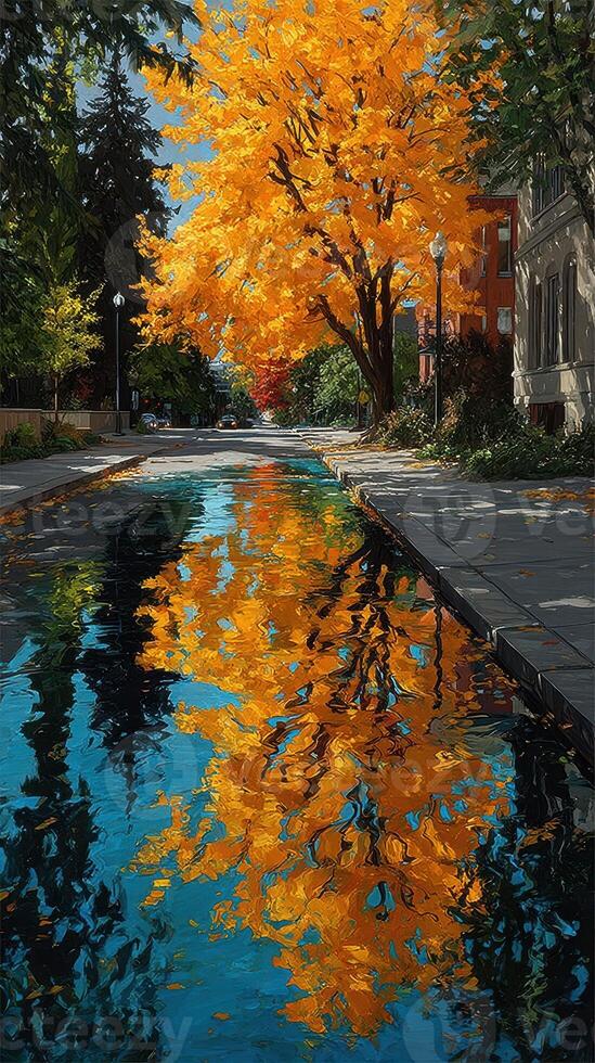 Vibrant autumn tree reflects in serene water on a tranquil suburban street photo