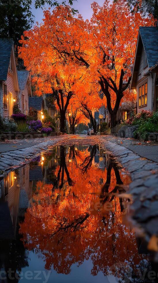 Vibrant fall colors reflect in puddles along a charming residential street at dusk photo