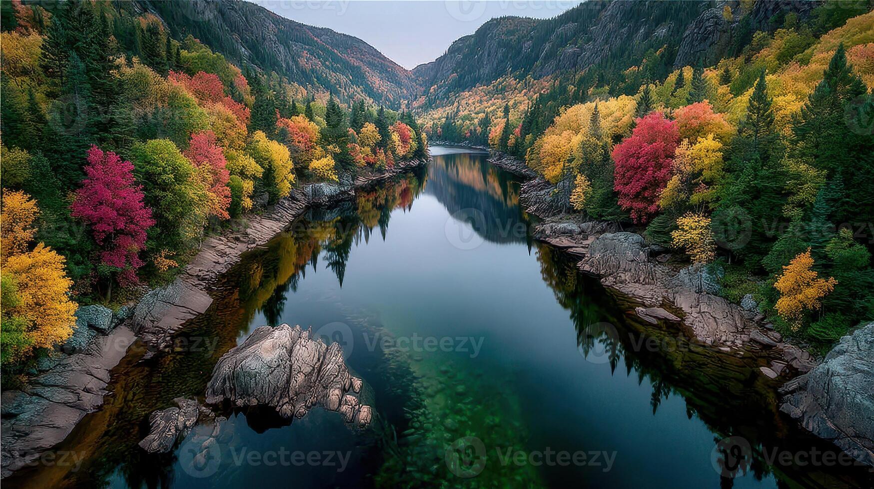 Beautiful autumn landscape showcasing colorful foliage reflected in a serene river in the mountains photo
