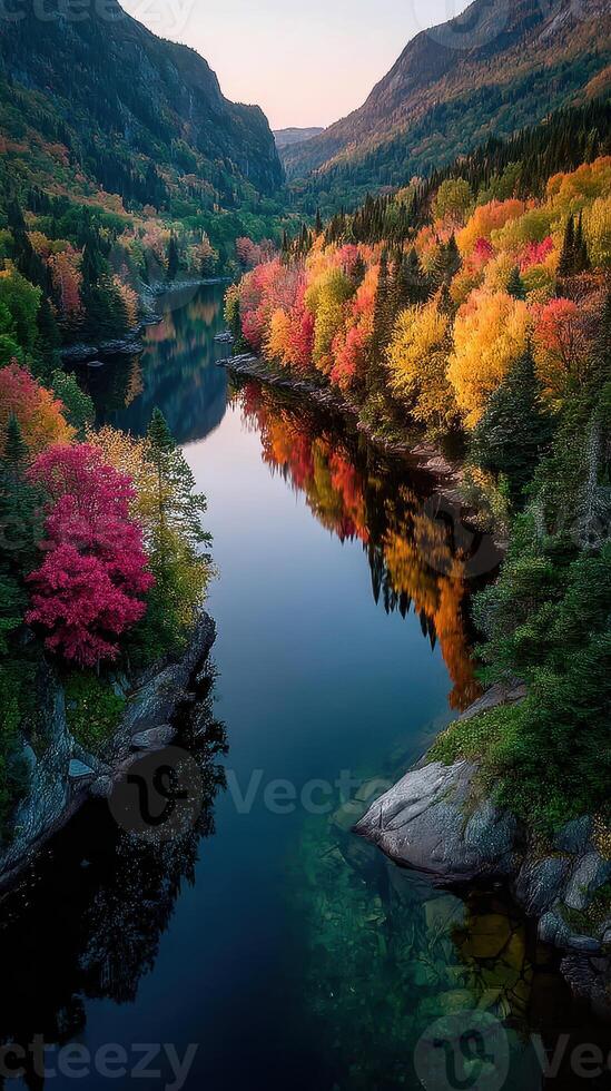 Vibrant autumn foliage reflects in tranquil river surrounded by mountains at sunset photo