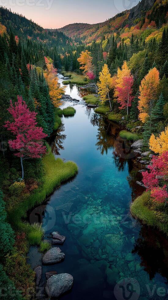 Colorful autumn trees reflect in a serene river surrounded by lush greenery in a tranquil forest setting photo
