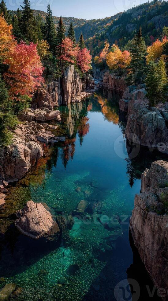 Scenic river reflecting autumn foliage in a tranquil natural landscape with clear water and rocky formations photo