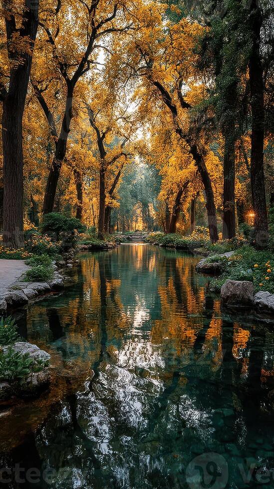 Serene autumn landscape with a tranquil river surrounded by vibrant orange trees and a peaceful pathway in the park photo